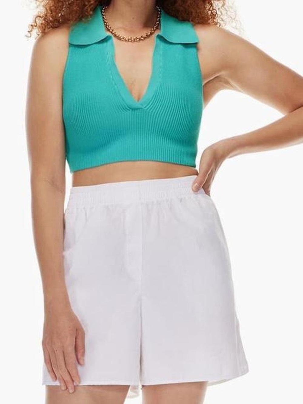 Aritzia Babaton Sculpt Knit Polo Top in Empress Green.